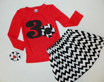 3 piece -Tween, girl, toddler, baby black and white chevron fabric skirt, personalized red initial or number shirt, bow in sizes NB - 16