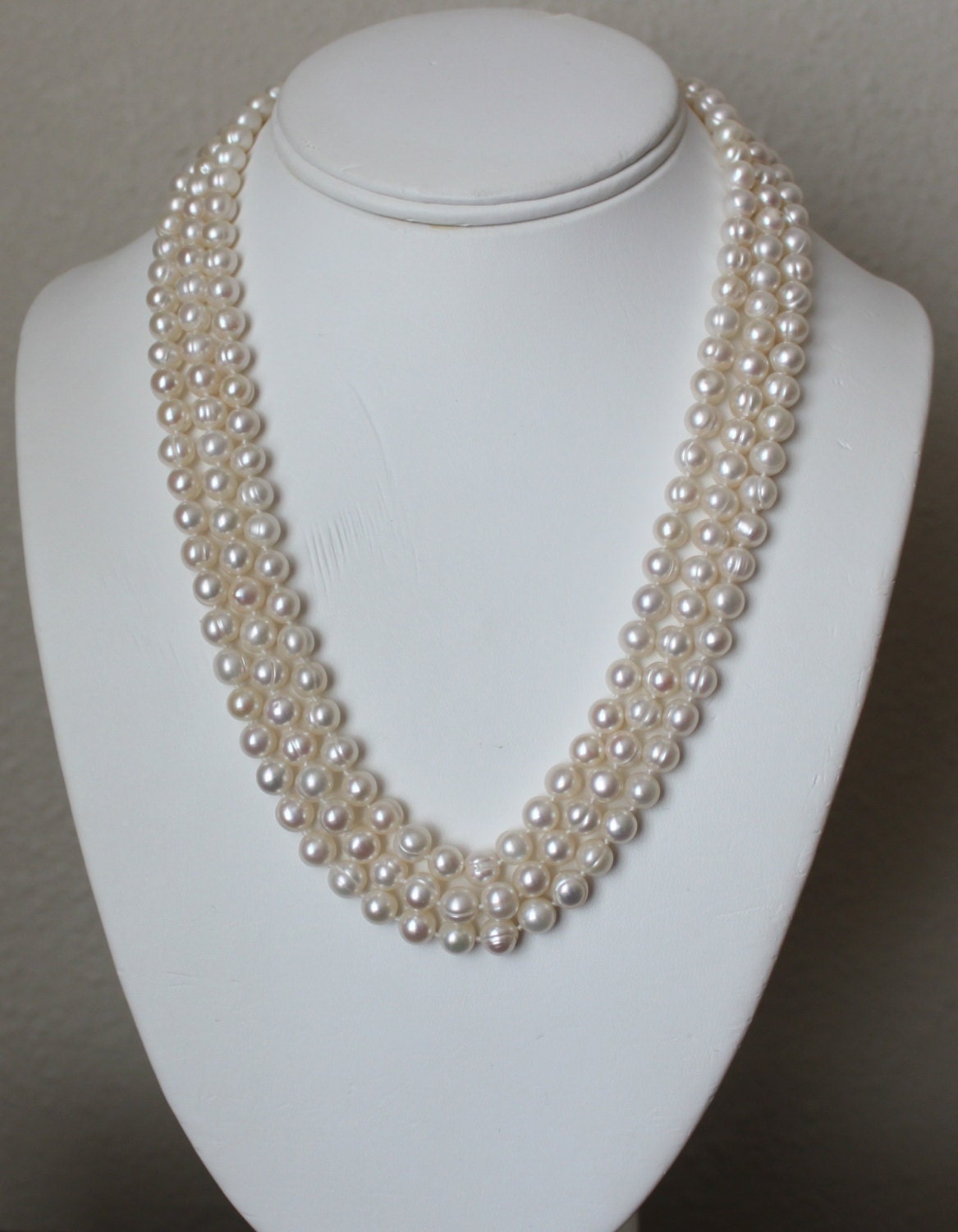 Three row pearl necklace Genuine pearls Triple row necklace