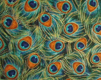 Peacock Feathers Gold Metallic Thread Cotton Fabric Fat Quarter or Custom Listing