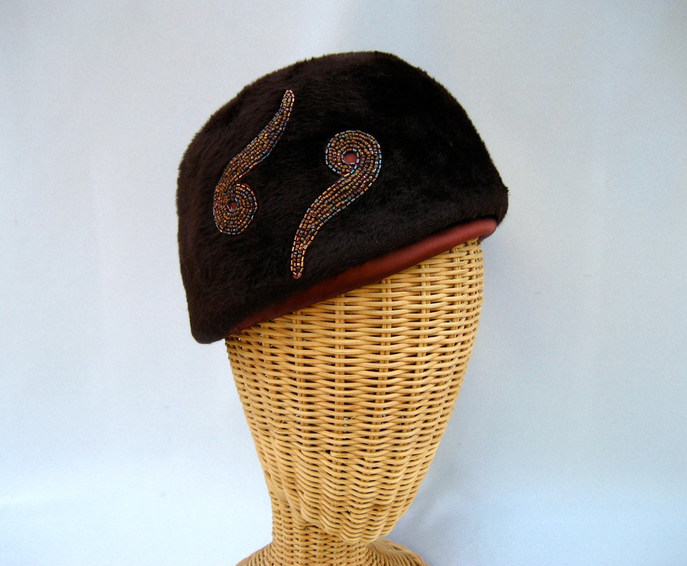 Vintage Ladies Hat Beaded Fur Felt Toque Chocolate Brown Haute Juice
