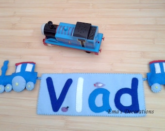 Tren de cumpleaños Banner fiesta, fiesta de cumpleaños de transporte, guardería azul Decor, Telón de fondo de la foto, locomotora carro, nombre Banner Room Decor