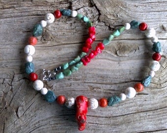 CORAL,magnesite,turquoise,beaded necklace 21 inch