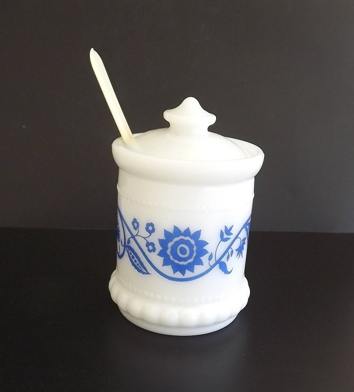 Vintage Serving Dishes Condiment Jar Jelly Jar Blue and White Glass