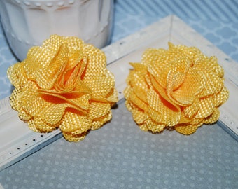 Flax Fabric Flowers - Yellow linen Burlap fabric flowers (2 pcs) - use for headbands - hair hat shoe clips rustic vintage decorations