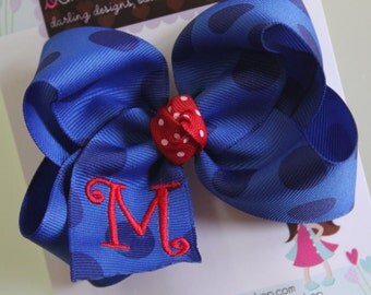 Red White and Blue Bow - monogrammed bow - July 4th bow -- royal blue jumbo polka dots