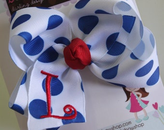 Monogrammed Bow- initial bow - July 4th bow - white with royal blue polka dots -- red initial