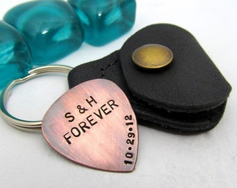 Custom Guitar Pick with Leather KeyChain Holder - Personalized Guitar Pick Copper Pick Hand Stamped - Mens Gift - Custom valentines gift