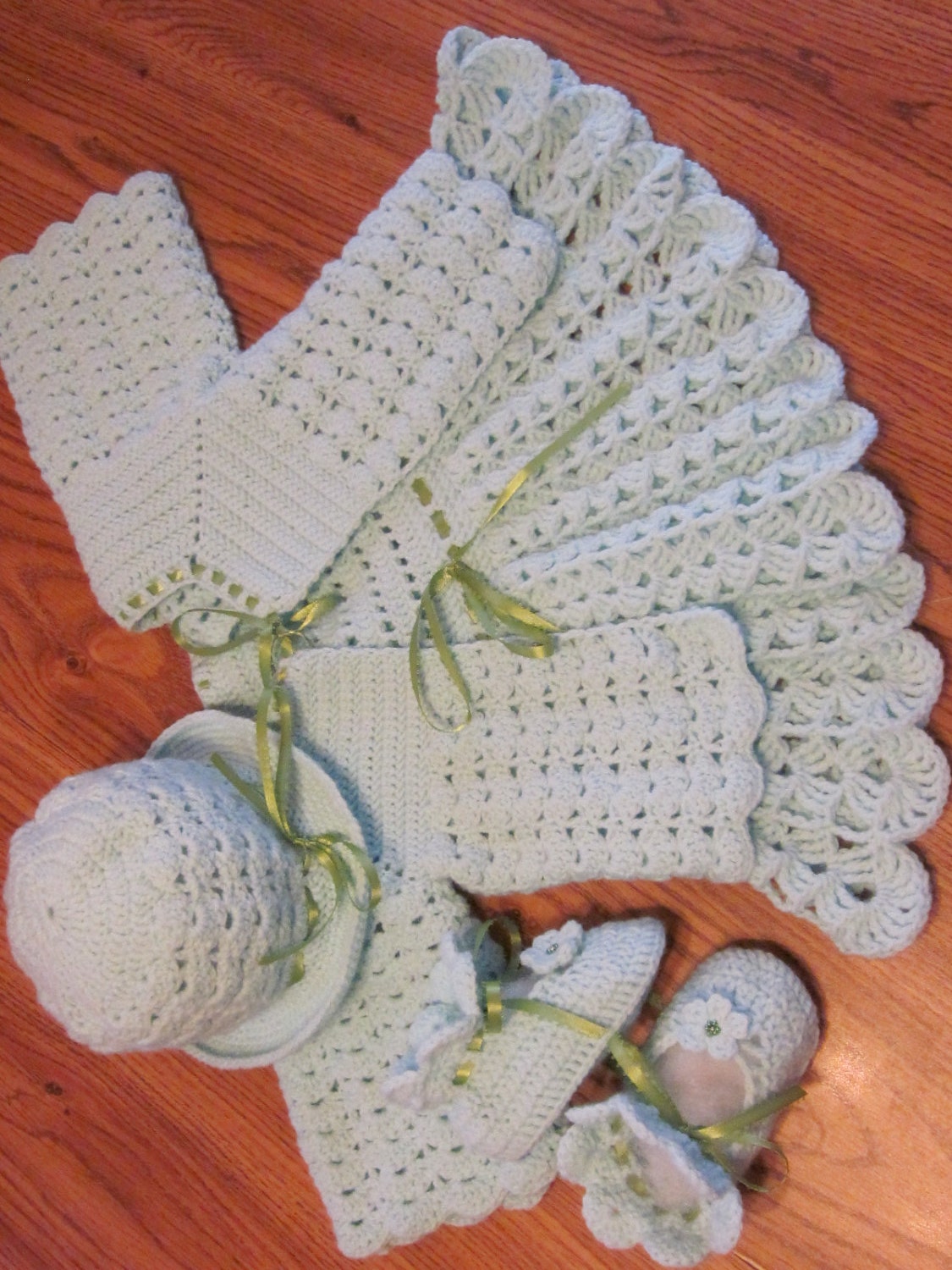 Handmade Pastel Green Baby Crochet Dress Jacket / Sweater
