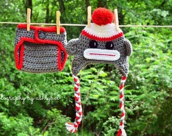 Sock Monkey Crocheted Hat and Diaper Cover - Photo Prop Set - Available in Newborn, 3 to 6, 6 to 12 and 12 to 24