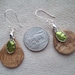 Hand Carved Teardrop Earrings - Oak Burl Wood - Green Enamel Medallion - Sterling Silver Hardware