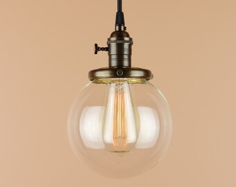 Pendant Lighting w/ 6 inch Clear Glass Globe - Antique Style Cloth Wire - Hand Finished in Oil Rubbed Bronze - Edison Light Bulb