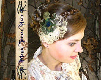 WHITE Steampunk PEACOCK HEART Feather Fascinator Goth head piece Fairy elf Larp costume accessory Fantasy hair jewelry Pinup Dita