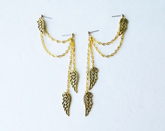 Gold Angel Wings Double Pierce Cartilage Earrings (Pair)