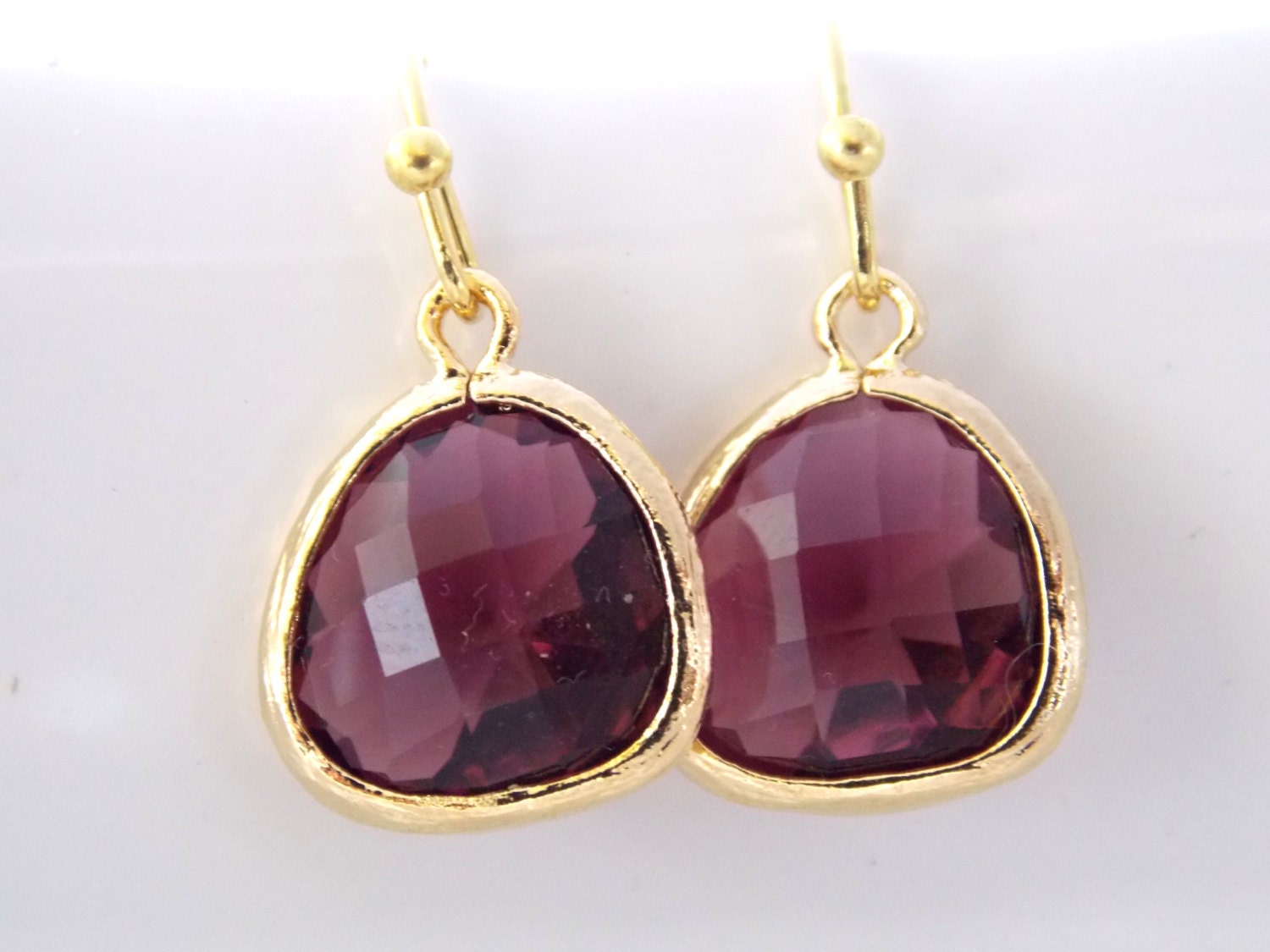 Plum Earrings Glass Earrings Gold Earrings Purple