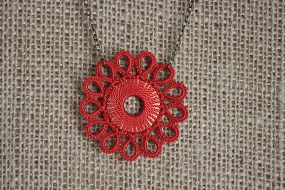 Kachin Necklace Tatted Flower in Poppy and Bronze by hilltribers