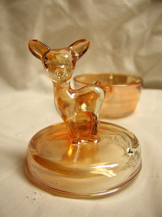 Carnival glass Bambi 1950s lidded powder dish candy dish