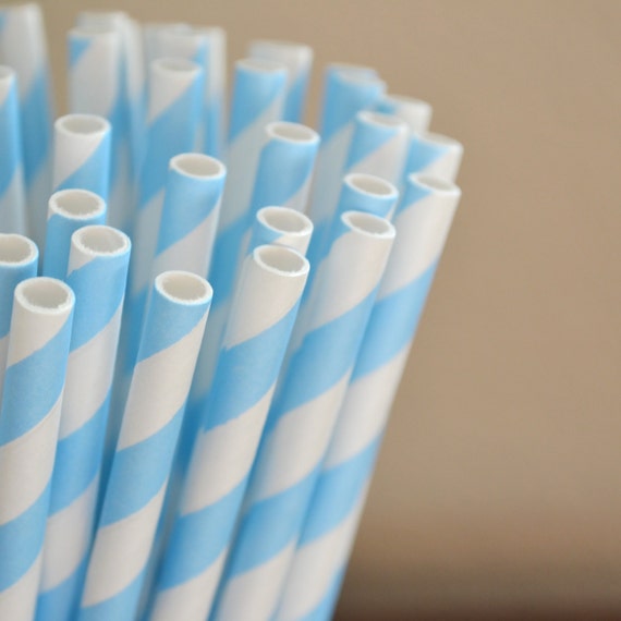 50 Light Blue Stripe Paper Straws Made in USA by WrapAndRevel