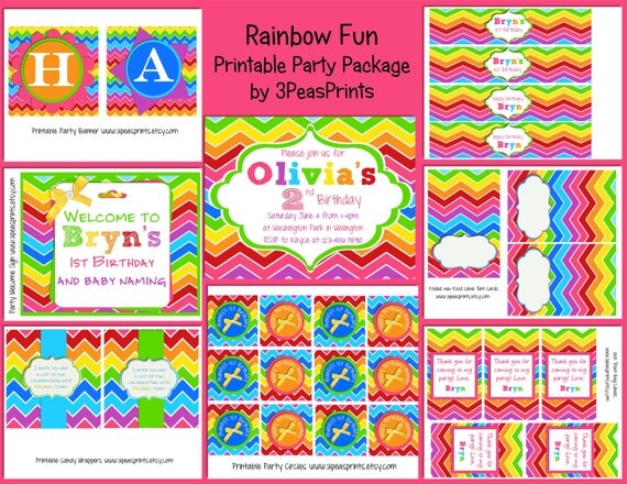 Rainbow Chevron Party Birthday Package Printable Custom Design Il_570xn