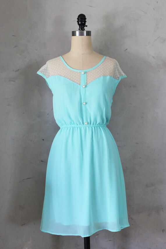 PETIT DEJEUNER - Seafoam teal aqua dress with polka dot lace illusion neckline // retro // vintage inspired // bridesmaid dress