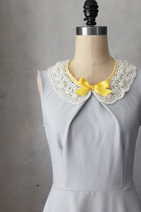 PRIM IN GRAY - Soft dove gray vintage inspired dress with lace bib necklace // mustard yellow ribbon // bridesmaids // full flared skirt