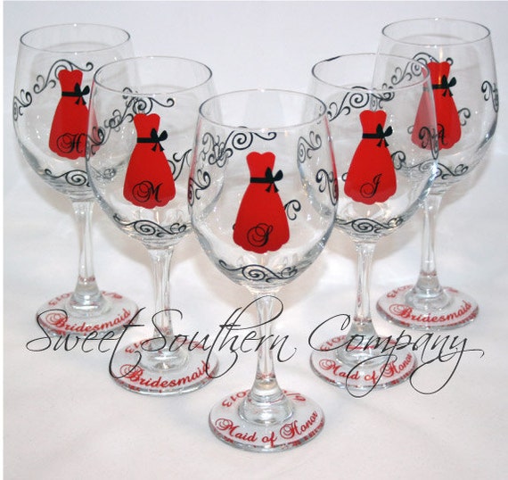 6 Personalized Bridesmaid Wine Glasses With Strapless Gown