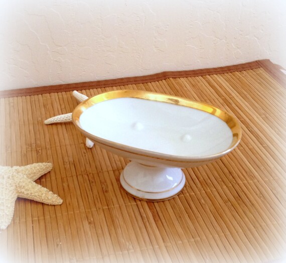 Pedestal Soap Dish Japan White Golden Gilt by izzysvintagegarden