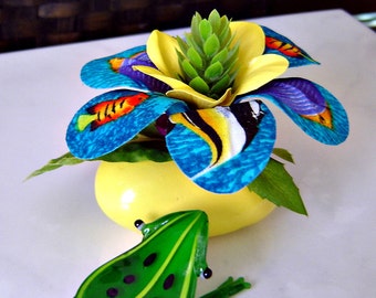 Tropical Fish Fabric Flower on Bright Yellow Rock - Paperweight / Table Decor