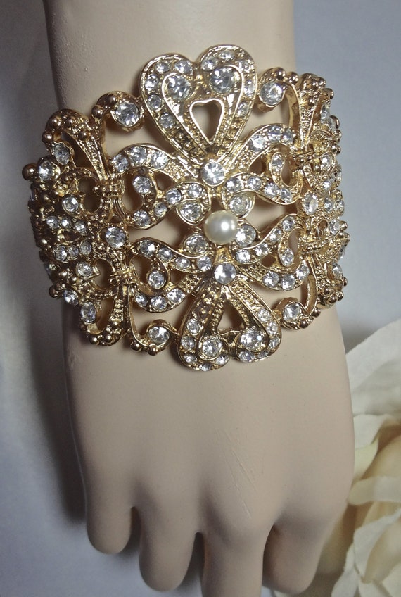 Bridal jewelry Gold cuff bracelet Rhinestones Statement