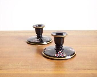 Hand-Painted Black Glass Candlesticks, Candle Holders, Black Milk Glass