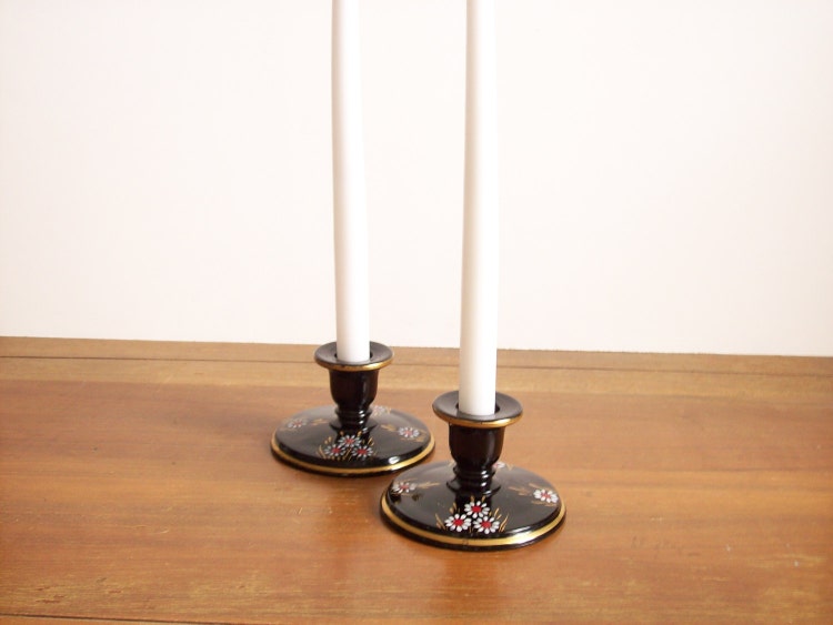 HandPainted Black Glass Candlesticks Candle by tatterandfray