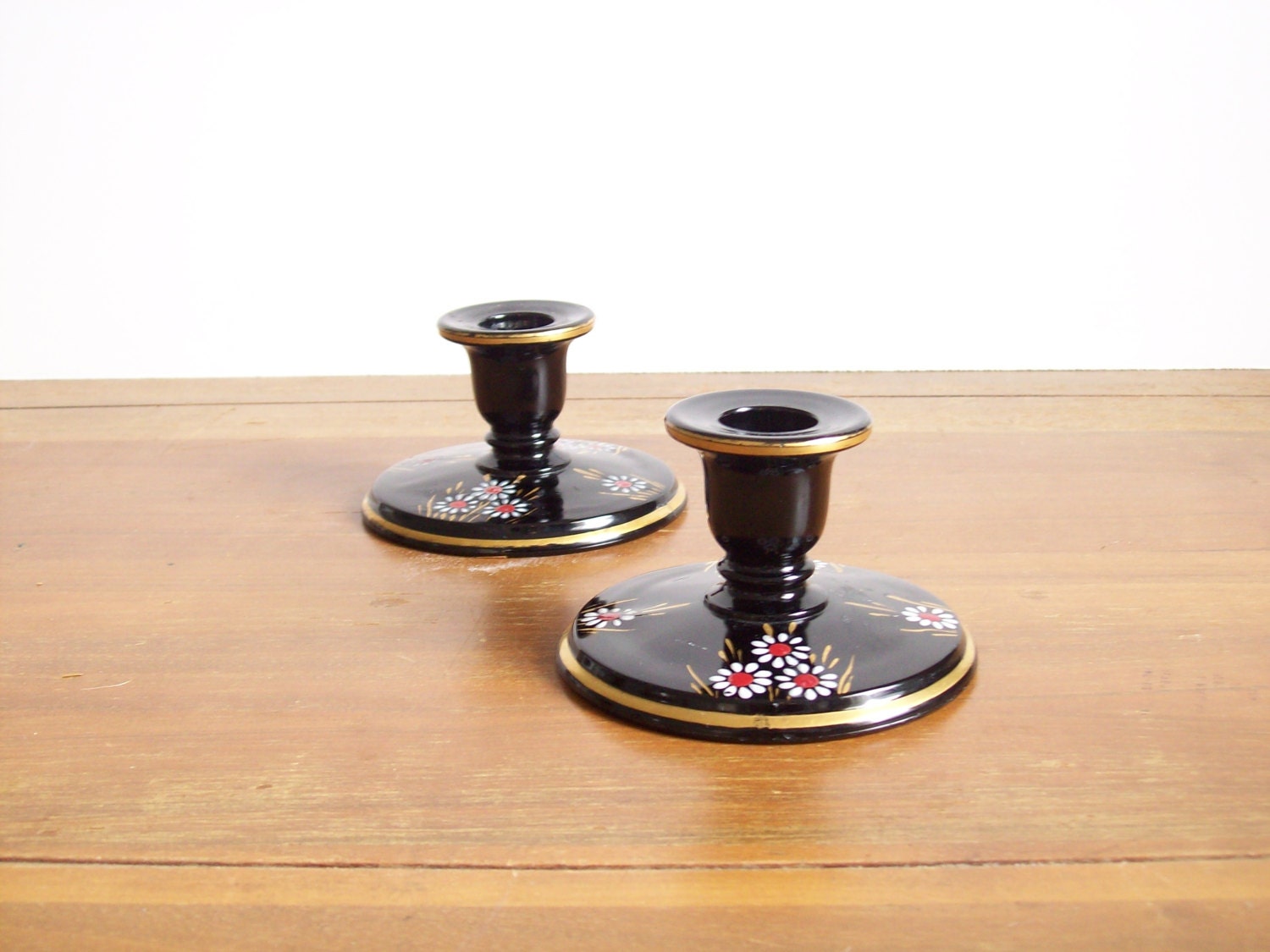 HandPainted Black Glass Candlesticks Candle Holders Black