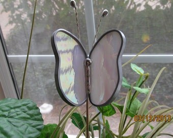 Stained Glass - Pink Iridescent Butterfly - Garden Plant Stake