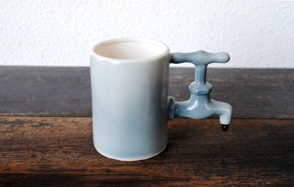 Unique Vintage Coffee Mug Cup Blue Grey Spout Handle Pencil