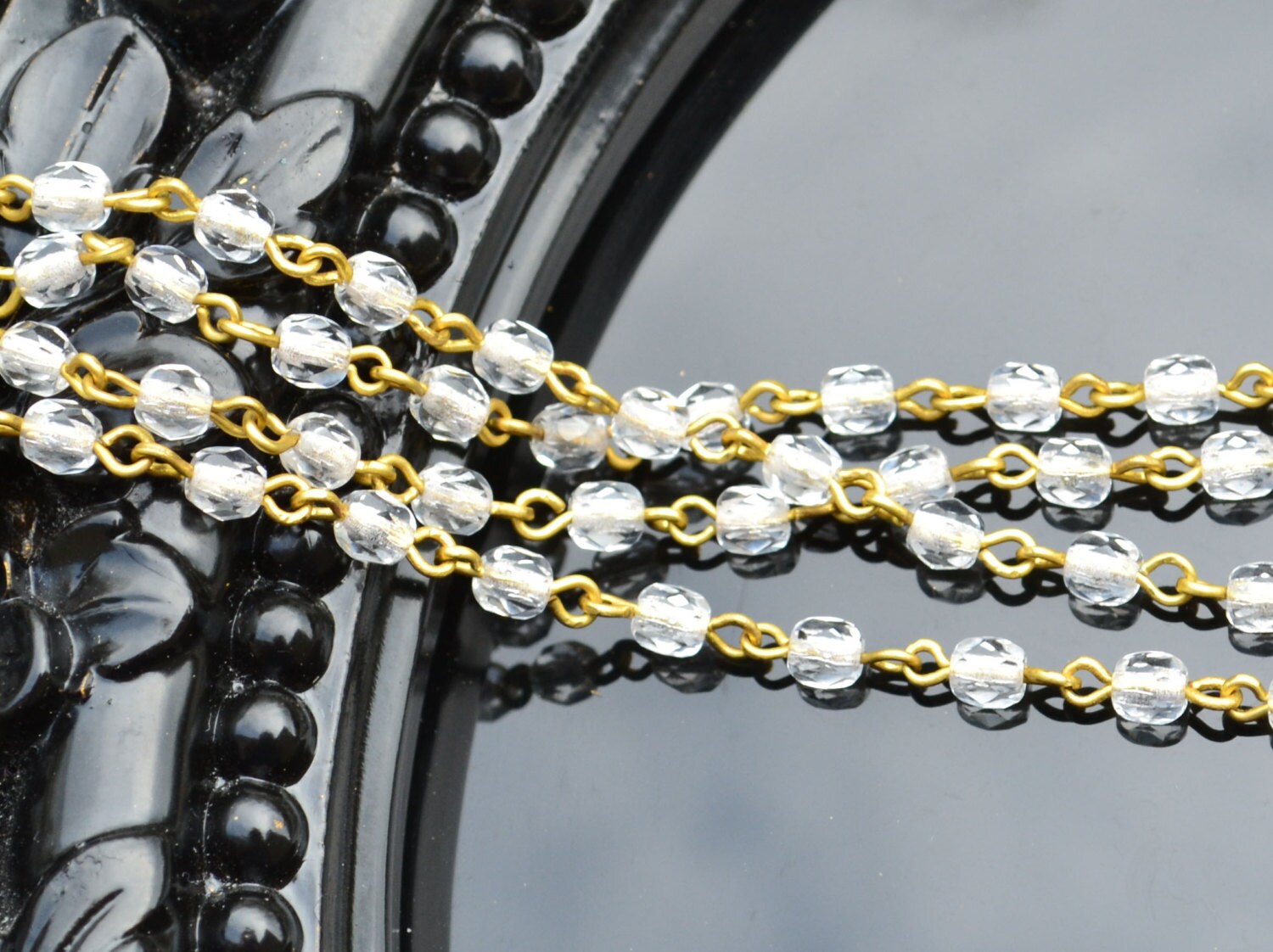 Rosary Chain 4mm Crystal on Natural Brass Links Czech Bead Chain 3 Feet from