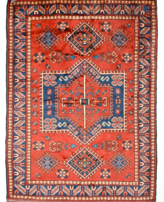 Handmade turkish rug geometric medallion red and blue wool 5