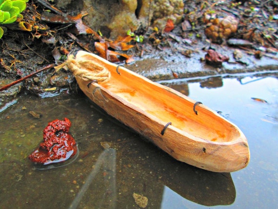 Miniature Primitive Dug Out Canoe with Rope and Black Steel