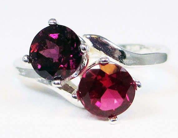 Rhodolite Garnet and Ruby Two Stone Ring - Sterling Silver