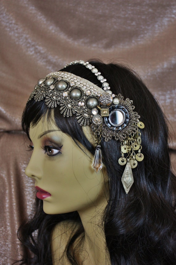 Tribal Fusion Headdress Pearly Shi Shas Antique Gold Lace