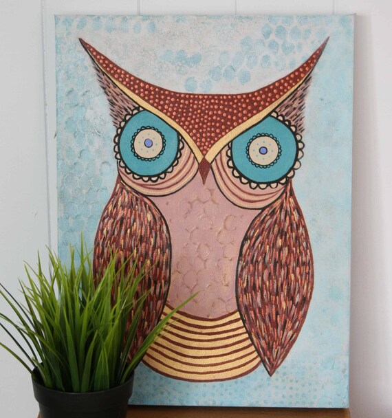 Owl Painting Maroon Aqua Bird Art Original Artwork