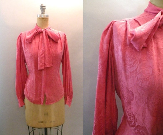 Vintage Pink Silk Blouse Rose Shirt Secretary Collar Bow Tie Blouse