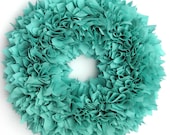 Ready to Ship --- 16" Handmade Zinnia Rag Wreath --- Robin's Egg Blue