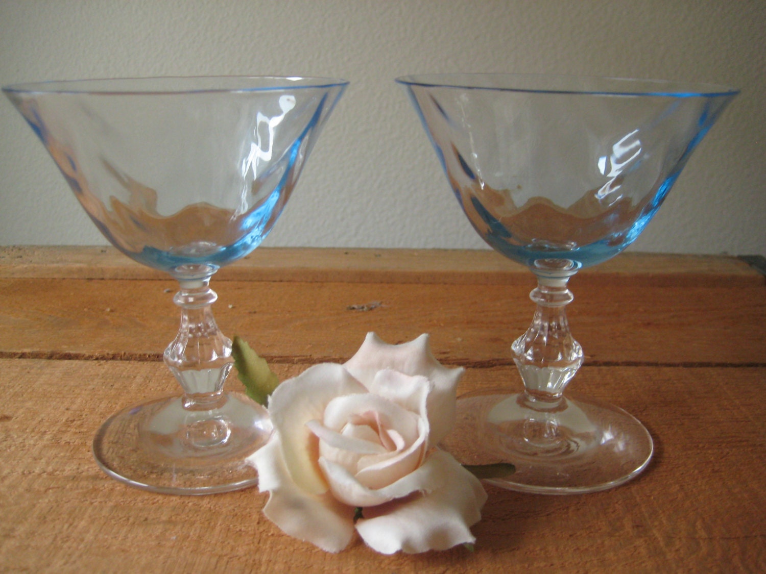Two RARE...Blue Crystal Fostoria Wavecrest Vintage Champagne