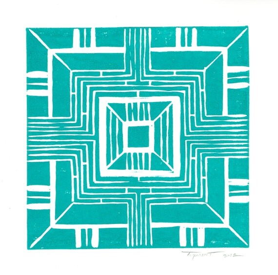 FREE SHIPPING Modern Linear Geometric Linocut Art Print / 6 x 6 Square Home Decor / Mint Green, Turquoise, Navy