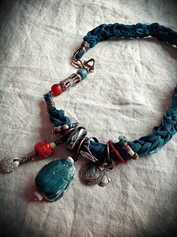 Gypsy charm necklace with braided teal silk vintage scarab