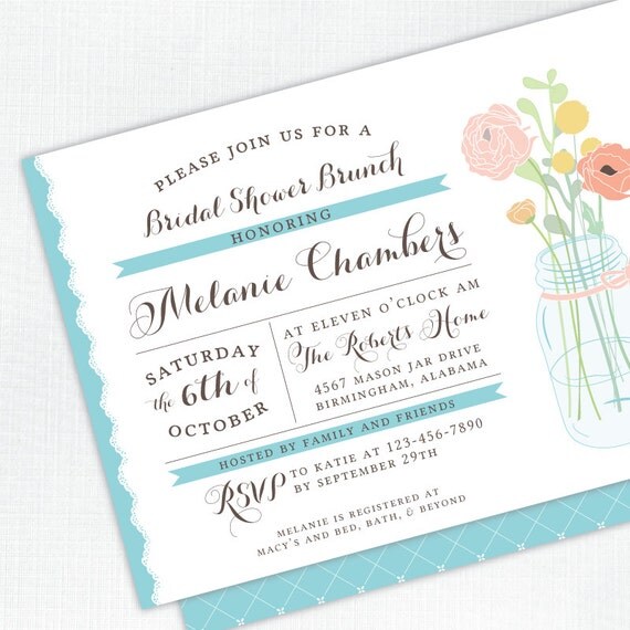 Vintage Mason Jar Bridal Shower Invitation - turquoise blue - PRINTED - Printable file also available Il_570xn