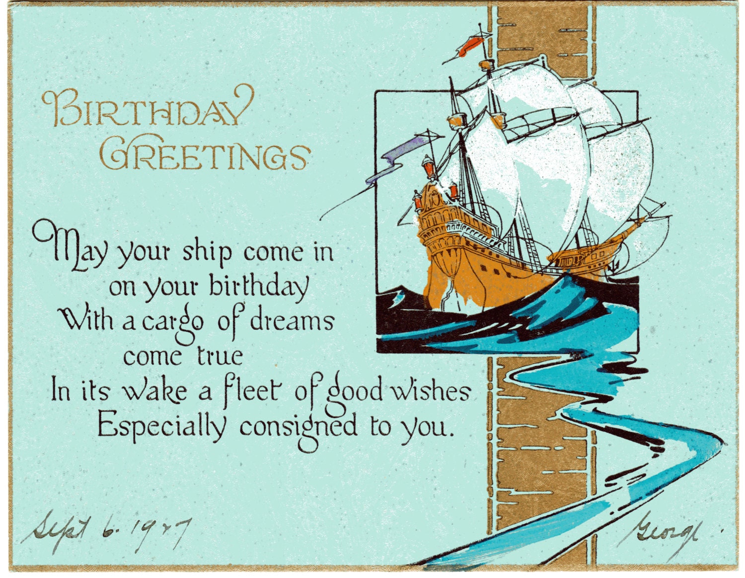 Vintage Birthday Card 1920s Postcard Art Deco Aqua Gold