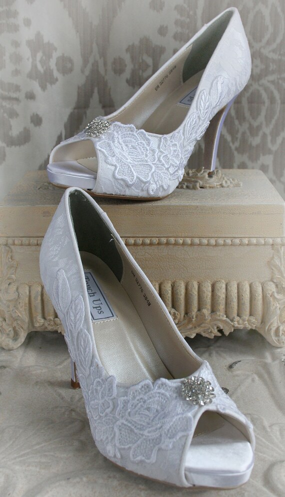 white lace open toe heels