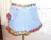 Repurposed bluejean half apron with ruffles and fabric rose