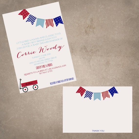 Red Wagon Baby Shower invite/thank you note combo-print your own