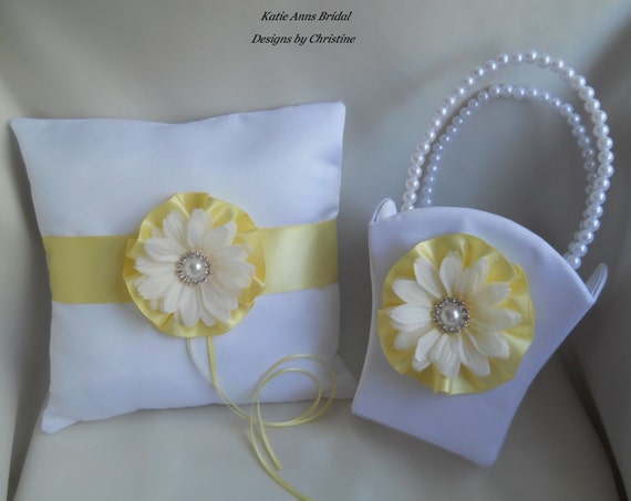 Ring Bearer Pillow With Flower Girl Basket Daisy Flower Rhinestone Pearl Charms White and Yellow Set